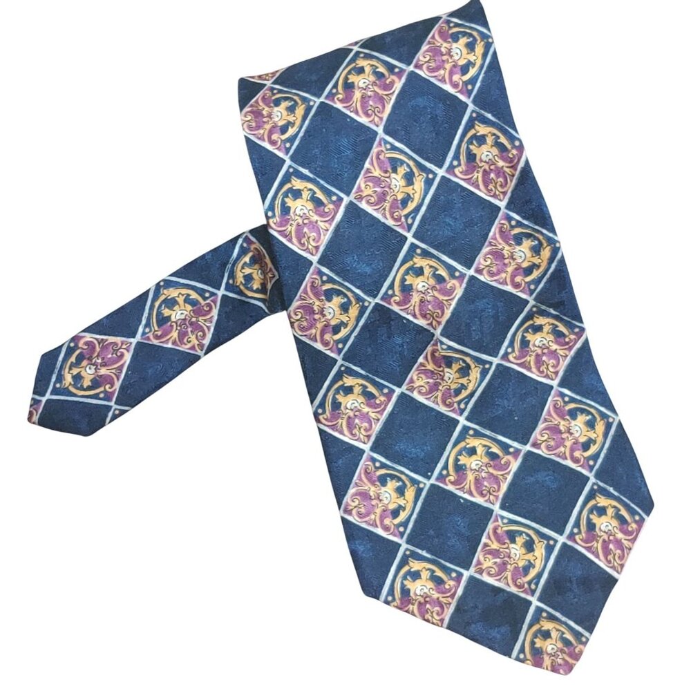 Barrington 100% Silk Tie Blue Purple Gold Diamond Scroll Vintage Costa Rica